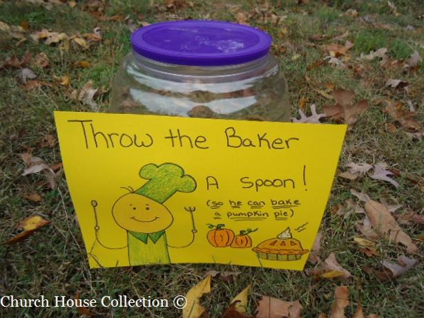 Fall Festival Games For Church- Throw the baker a spoon so he can bake a pumpkin pie game for kids