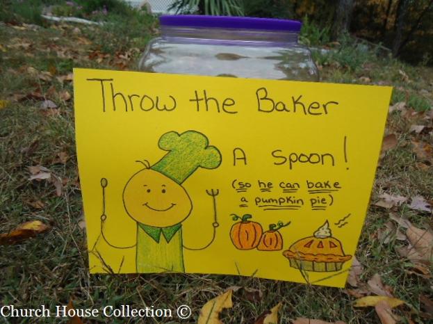 Fall Festival Games For Church- Throw the baker a spoon so he can bake a pumpkin pie game for kids