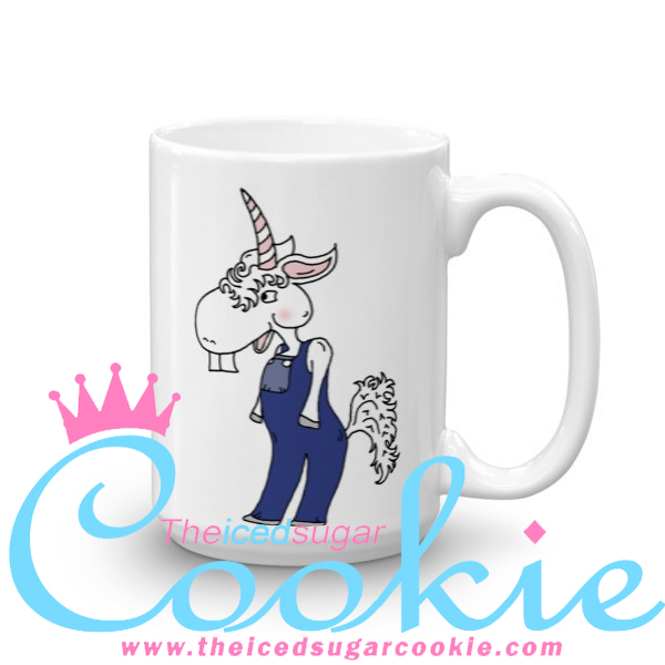 Unicorn Hillbilly Wearing Overalls.Coffee Cup Mug by The Iced Sugar Cookie. Unique one of kind cartoon illustrations of unicorn. Great as Birthday gifts for loved ones