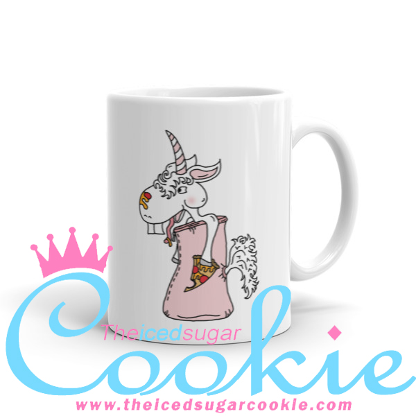 Unicorn Eating Pizza In A Sleeping Bag.Coffee Cup Mug by The Iced Sugar Cookie. Unique one of kind cartoon illustrations of unicorn. Great as Birthday gifts for loved ones