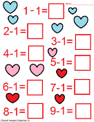 Valentine's Day Subtraction Math Sheets for Kids