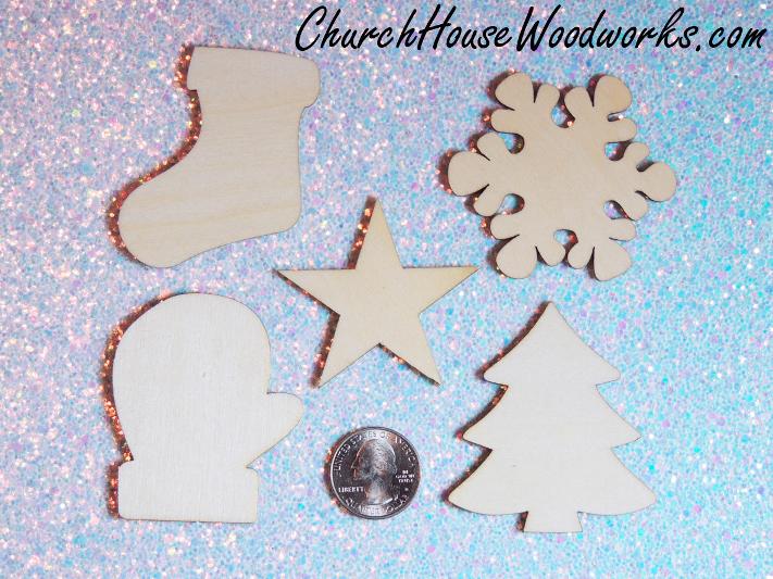 Wood Christmas Ornaments- Stocking, Snowflake, Star, Mitten and Christmas Tree