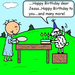Happy Birthay Jesus Sunday School Bible Coloring Pages- Baby Jesus And Little Baby Sheep Blowing Candles out on cake with birthday hat on at table. Comic Strip cartoon by church house collectio
