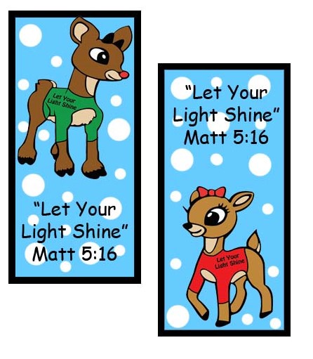 Rudolph The Red Nosed Reindeer and Clarice Printable Christmas Bookmark“ Let Your Light Shine” Matt 5:16