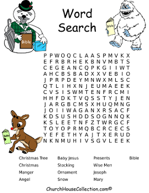 Sam The Snowman, Bumble The Snow Monster, Rudolph The Red Nosed Reindeer Christmas Printable Word Search for kids Sunday School Church House Collection