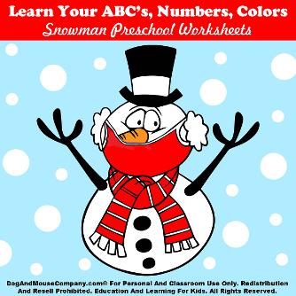 Snowman Wearing A Mask Preschool Worksheet Bundle by DogAndMouseCompany.com | Learn Your ABC's Numbers Colors