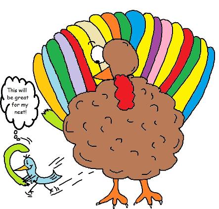 Little bird broke big turkey feather off and is running away. Free Clipart image illustrations for Thanksgiving.